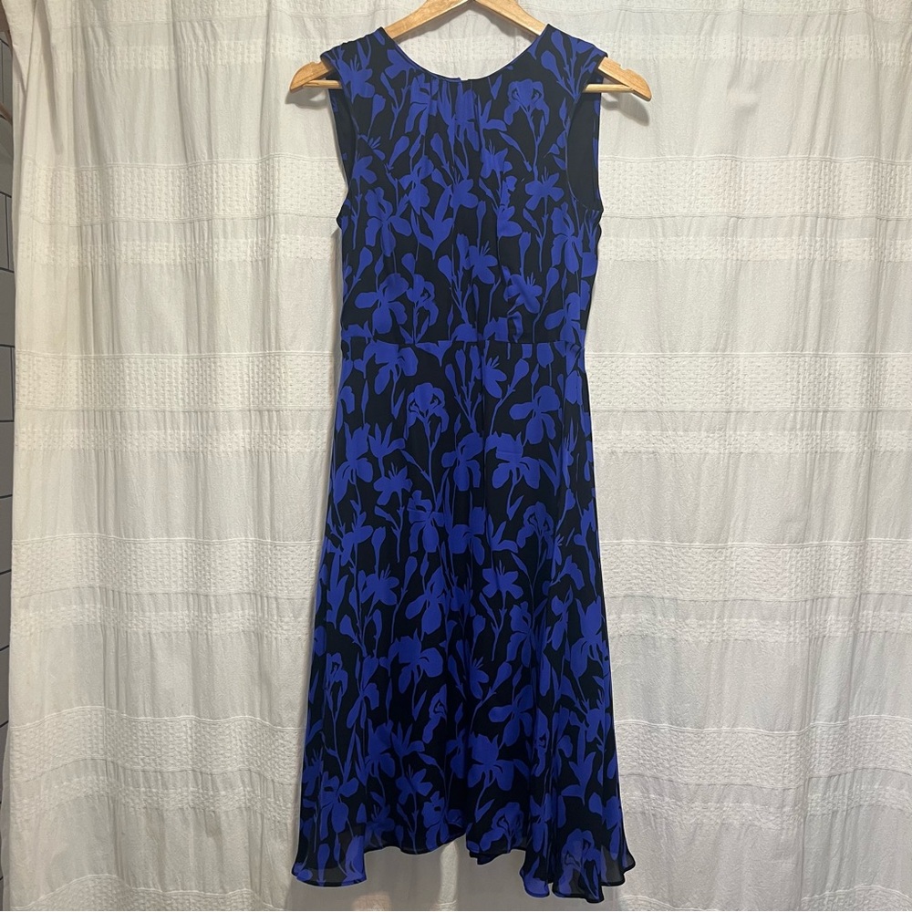 Milly New York Pure Silk Black Blue Floral Midi Dress